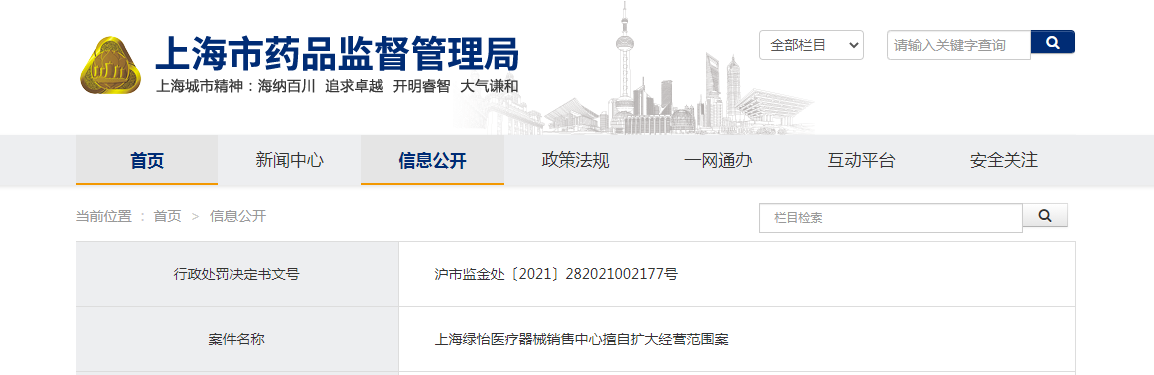 首营资料审核重要性，上海绿怡医疗器械销售中心擅自扩大经营范围被处罚2万元.png