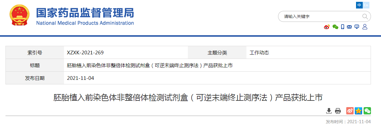 胚胎植入前染色体非整倍体检测试剂盒（可逆末端终止测序法）产品获批上市