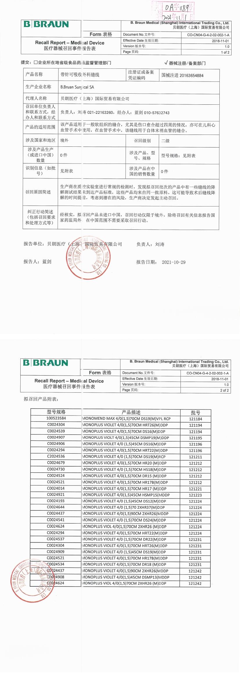 B.Braun Surgical SA对带针可吸收外科缝线 Absorbable Surgical Suture主动召回