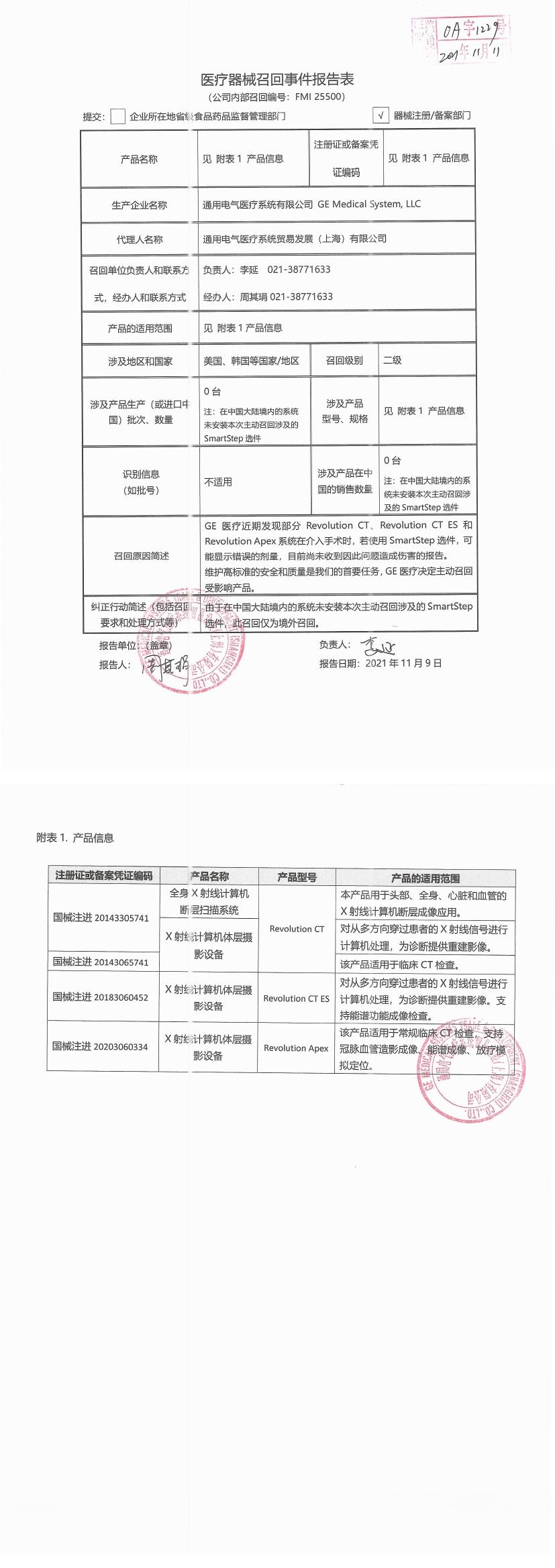 通用电气医疗系统有限公司GE Medical systems,LLC对全身X射线计算机断层扫描系统等产品主动召回