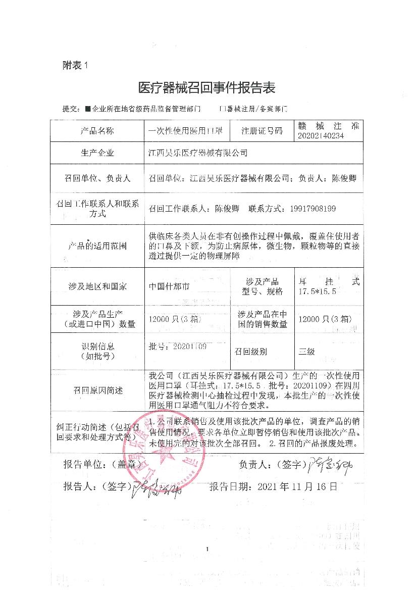 医疗器械主动召回公告（2021年11月18日）