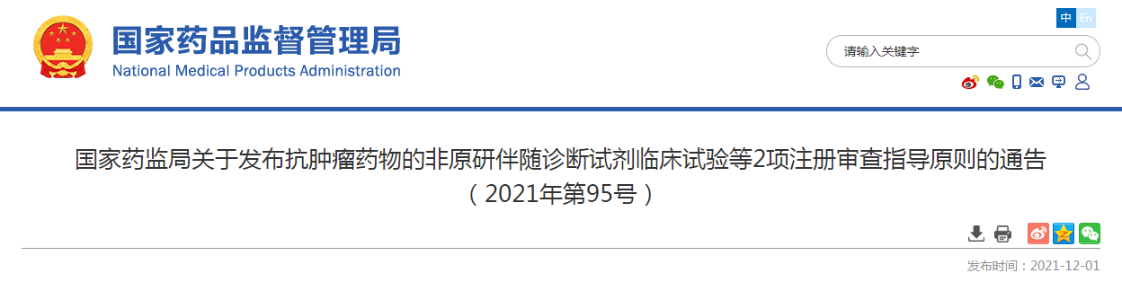  国家药监局关于发布抗肿瘤药物的非原研伴随诊断试剂临床试验等2项注册审查指导原则的通告 （2021年第95号）