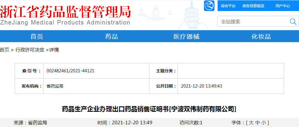 药品生产企业办理出口药品销售证明书[宁波双伟制药有限公司]
