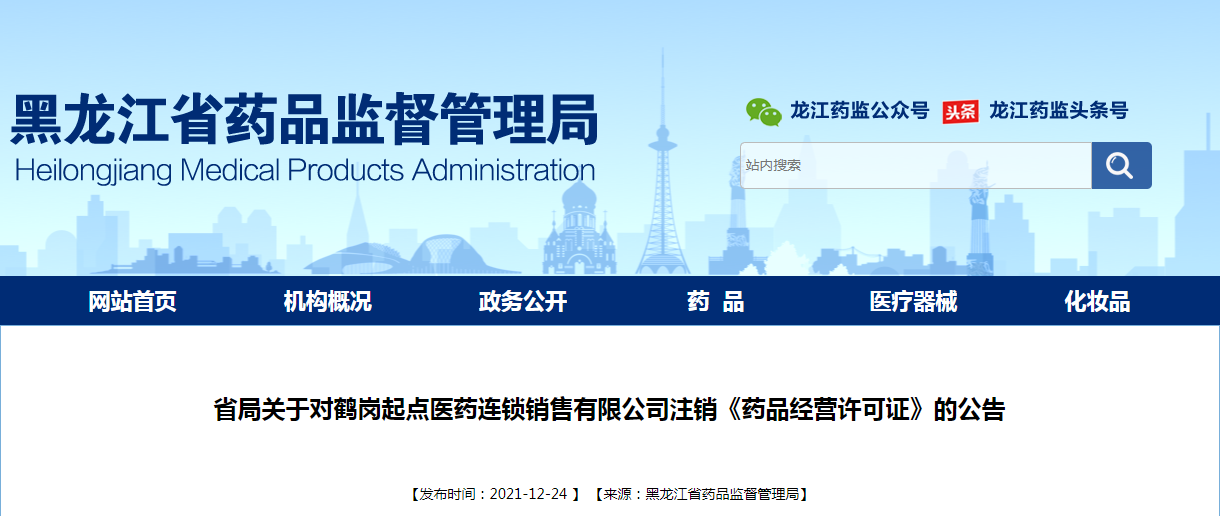 省局关于对鹤岗起点医药连锁销售有限公司注销《药品经营许可证》的公告