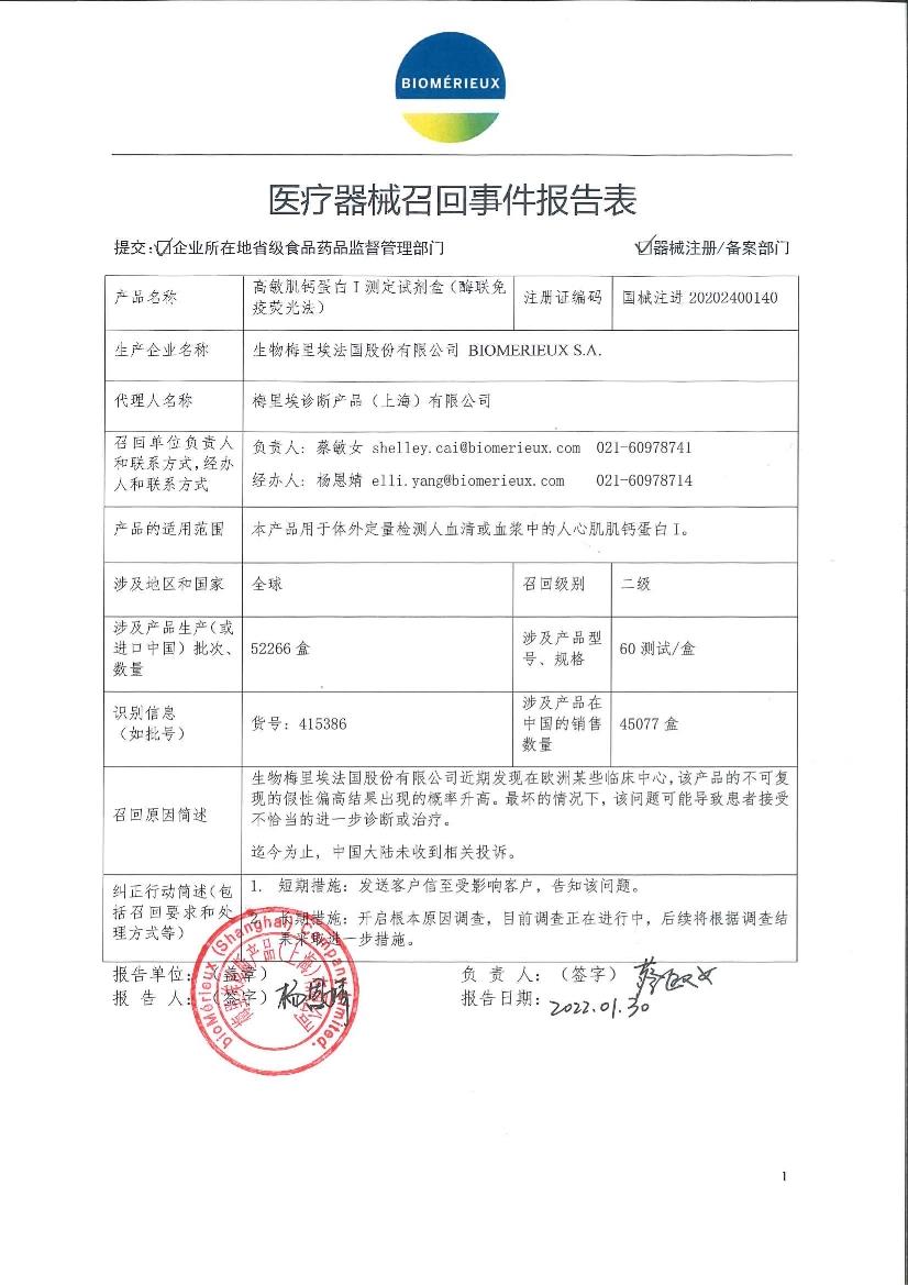 梅里埃诊断产品（上海）有限公司对高敏肌钙蛋白I测定试剂盒(酶联免疫荧光法)）主动召回