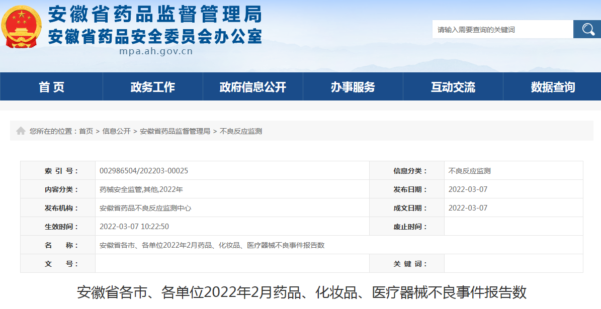 安徽省各市、各单位2022年2月药品、化妆品、医疗器械不良事件报告数