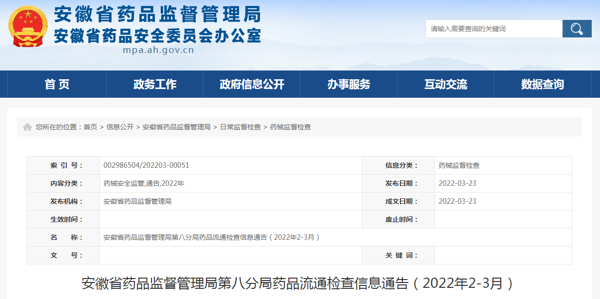 安徽省药品监督管理局第八分局药品流通检查信息通告（2022年2-3月）