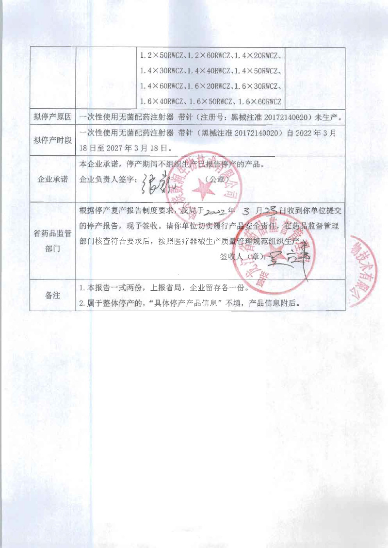医疗器械生产企业停产报告（哈尔滨鼓润生物技术有限公司）