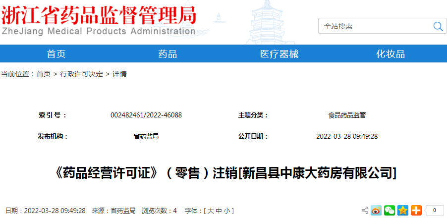 《药品经营许可证》（零售）注销[新昌县中康大药房有限公司]