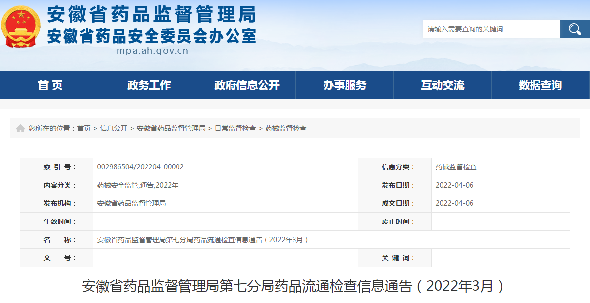 安徽省药品监督管理局第七分局药品流通检查信息通告（2022年3月）