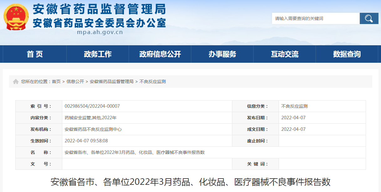 安徽省各市、各单位2022年3月药品、化妆品、医疗器械不良事件报告数