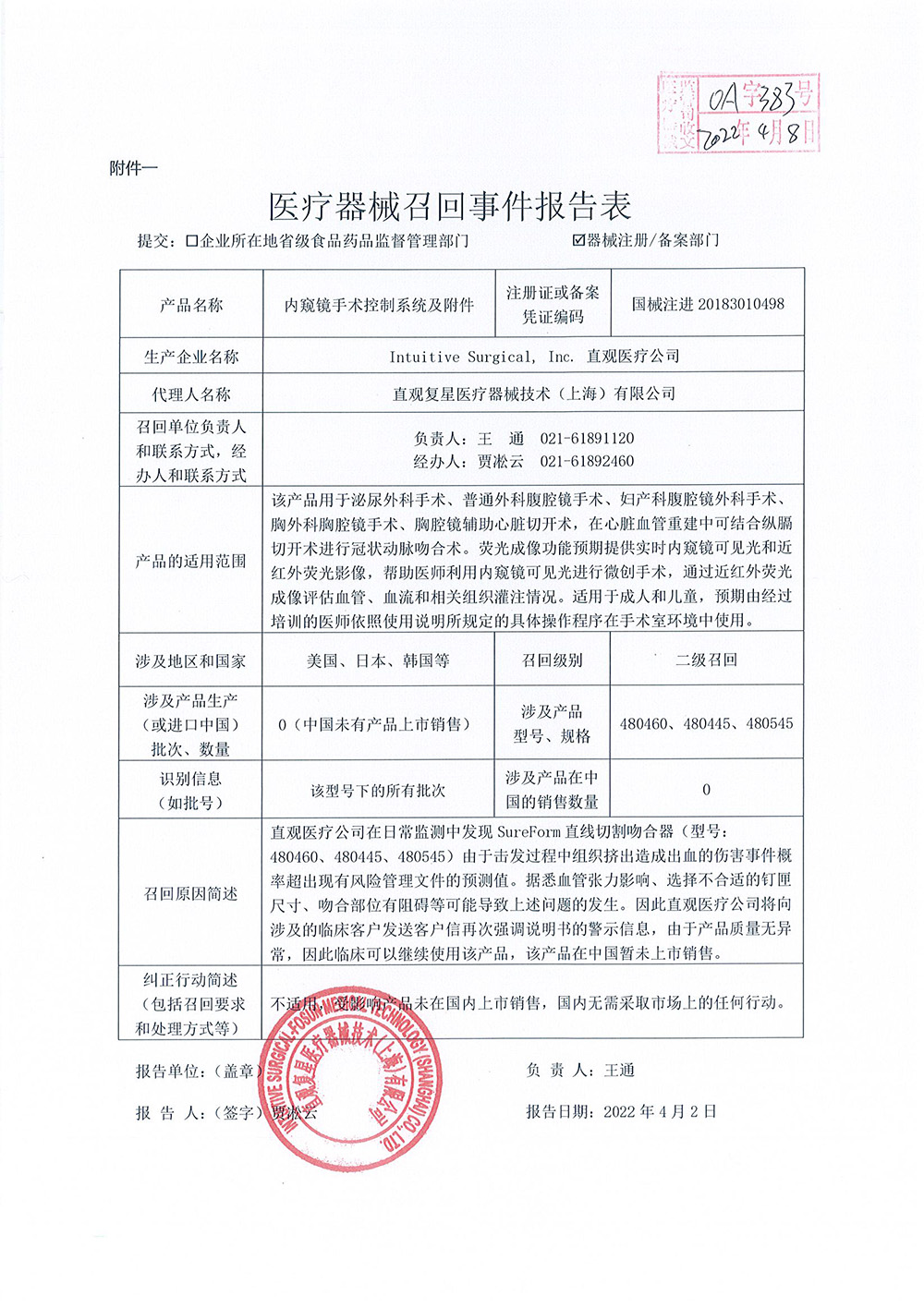 Intuitive Surgical, Inc.对内窥镜手术控制系统及附件da Vinci Xi Surgical System主动召回