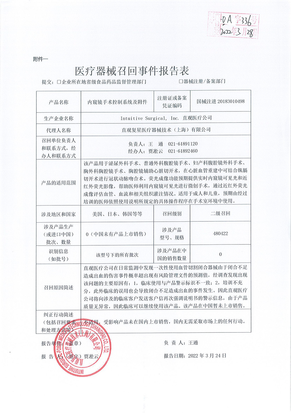 Intuitive Surgical, Inc.直观医疗公司对内窥镜手术控制系统及附件da Vinci Xi Surgical System主动召回