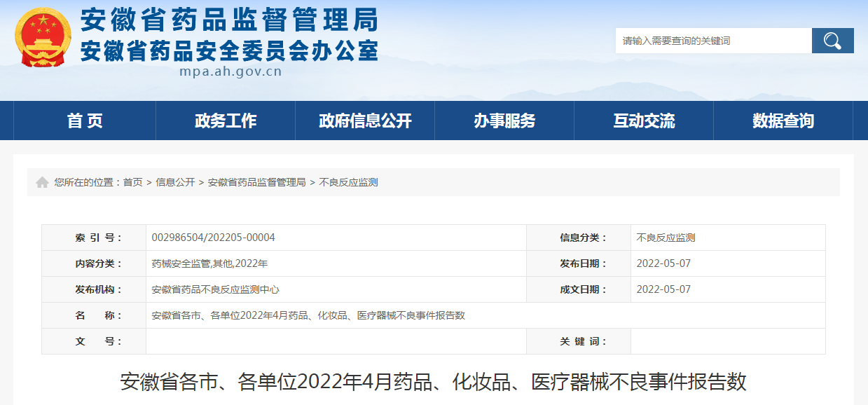 安徽省各市、各单位2022年4月药品、化妆品、医疗器械不良事件报告数 安徽省各市、各单位2022年4月药品、化妆品、医疗器械不良事件报告数