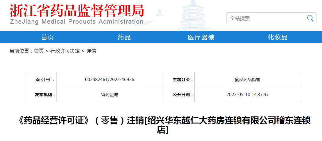 浙江省《药品经营许可证》（零售）注销[绍兴华东越仁大药房连锁有限公司稽东连锁店]