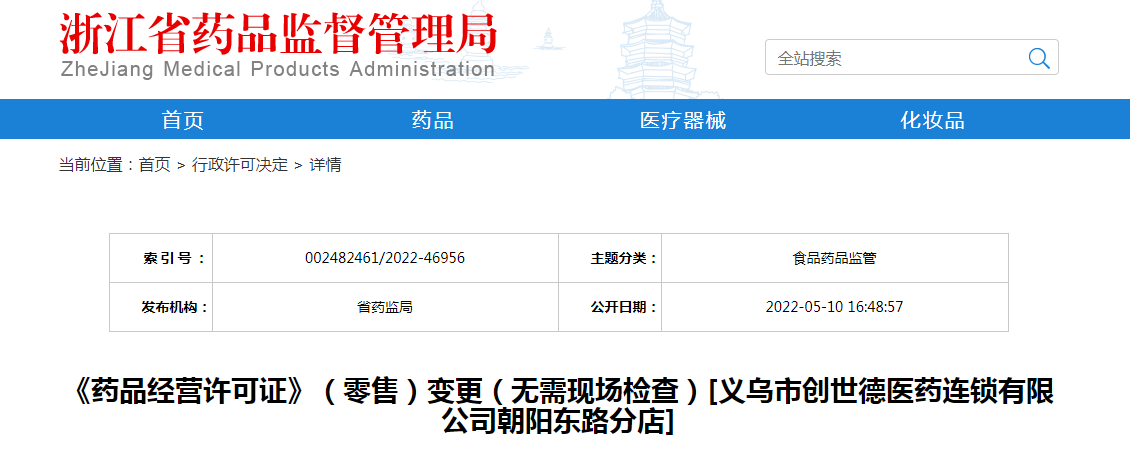 浙江省《药品经营许可证》（零售）变更（无需现场检查）[义乌市创世德医药连锁有限公司朝阳东路分店]