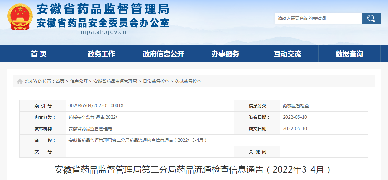 安徽省药品监督管理局第二分局药品流通检查信息通告（2022年3-4月）