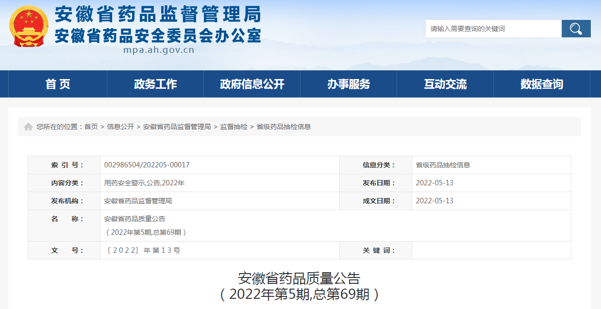 安徽省药品质量公告（2022年第5期，总第69期）