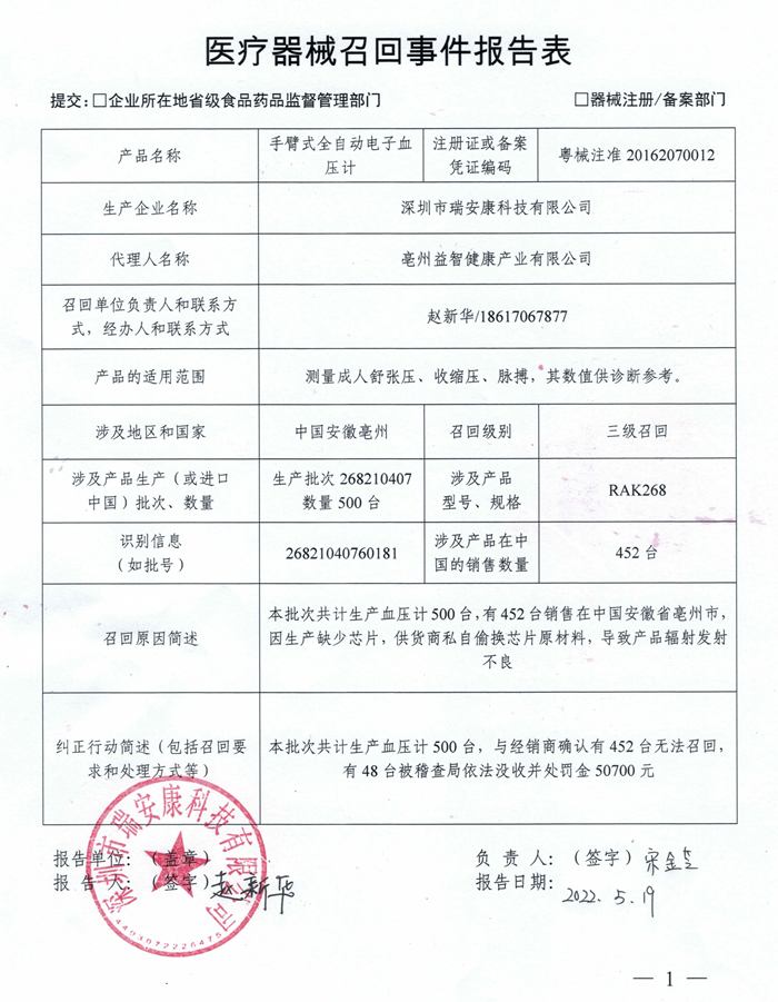 深圳市瑞安康科技有限公司对手臂式全自动电子血压计、医用红外额温计主动召回