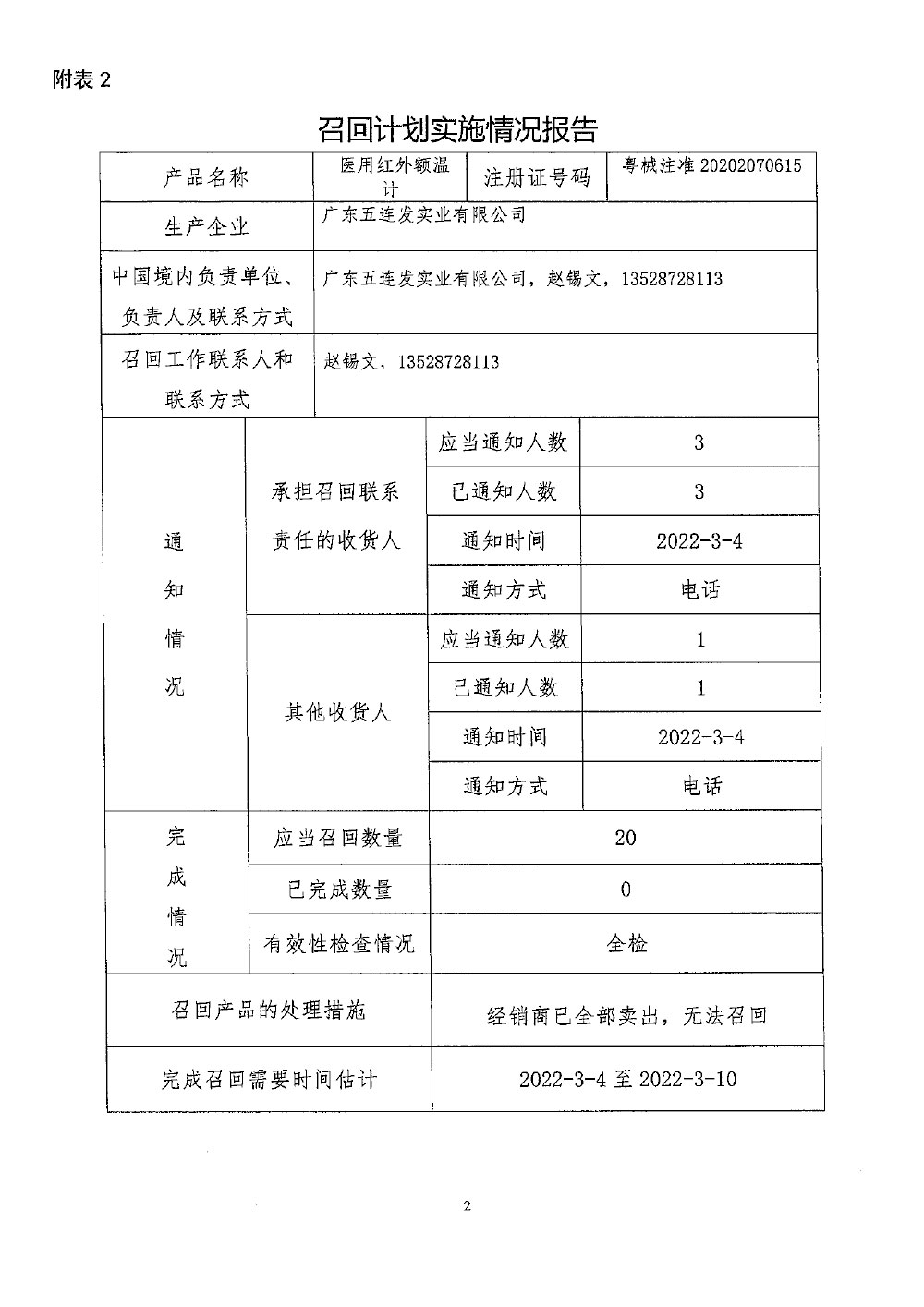 广东五连发实业有限公司对红外额温计主动召回