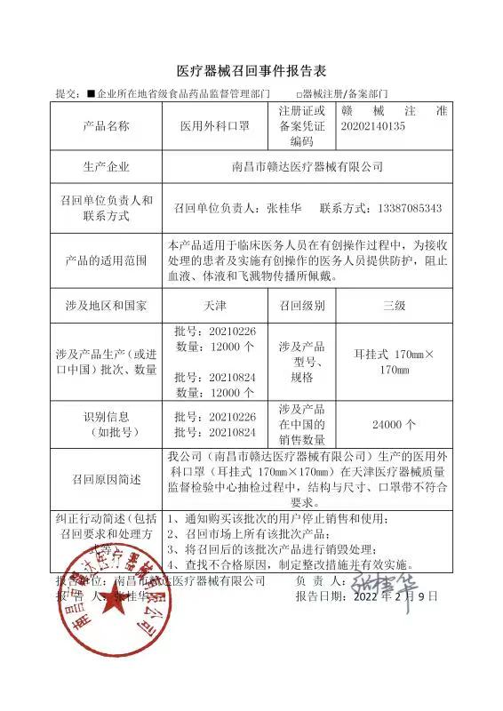 医疗器械主动召回公告（2022年2月9日）