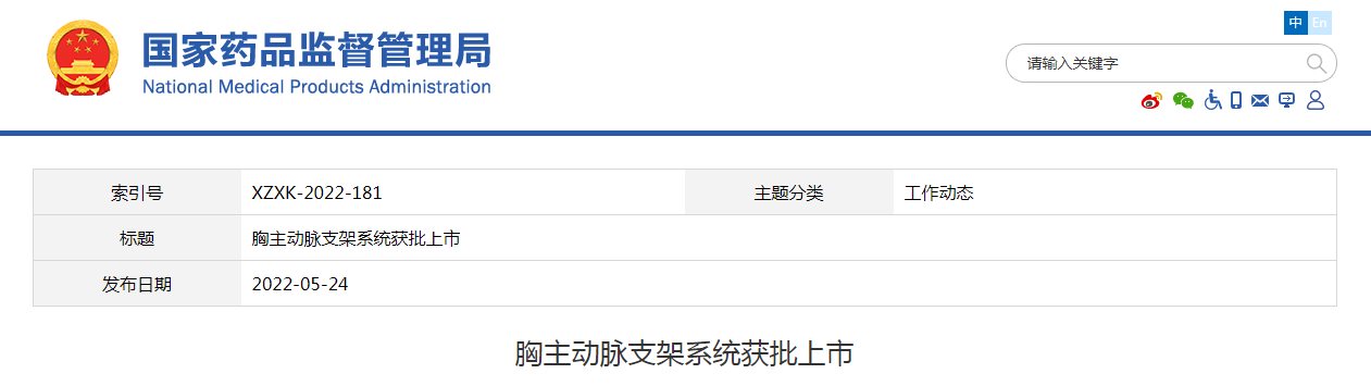 胸主动脉支架系统获批上市
