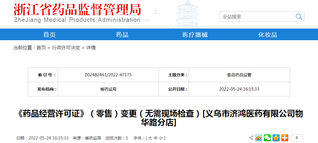 浙江省《药品经营许可证》（零售）变更（无需现场检查）[义乌市济鸿医药有限公司物华路分店]