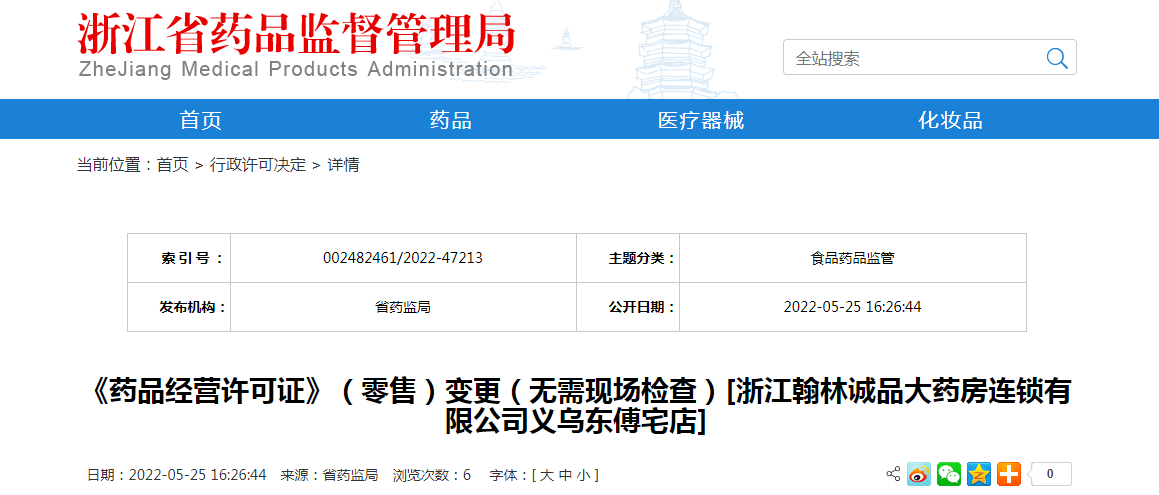 浙江省《药品经营许可证》（零售）变更（无需现场检查）[浙江翰林诚品大药房连锁有限公司义乌东傅宅店]