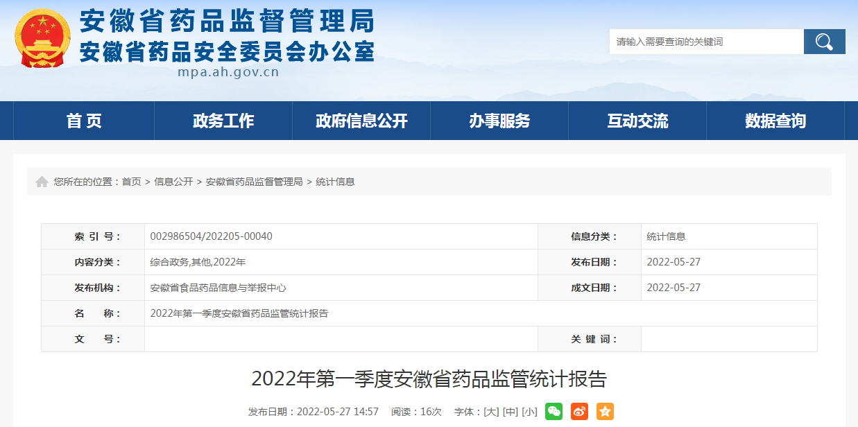 2022年第一季度安徽省药品监管统计报告