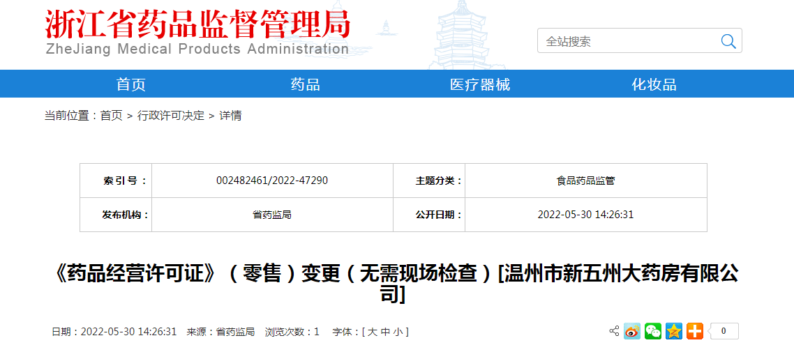浙江省《药品经营许可证》（零售）变更（无需现场检查）[温州市新五州大药房有限公司]