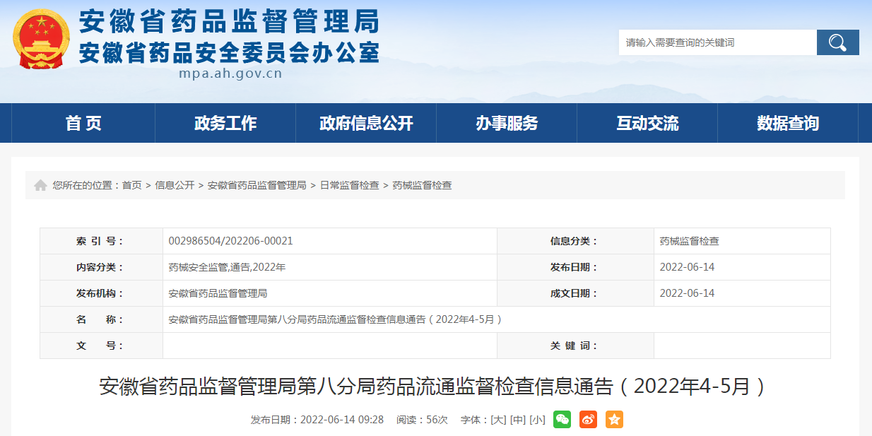 安徽省药品监督管理局第八分局药品流通监督检查信息通告（2022年4-5月）