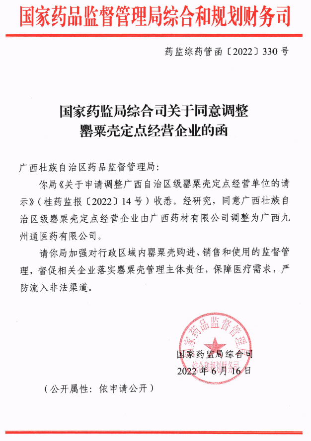 广西壮族自治区药品监督管理局关于调整自治区级罂粟壳定点经营单位的通告