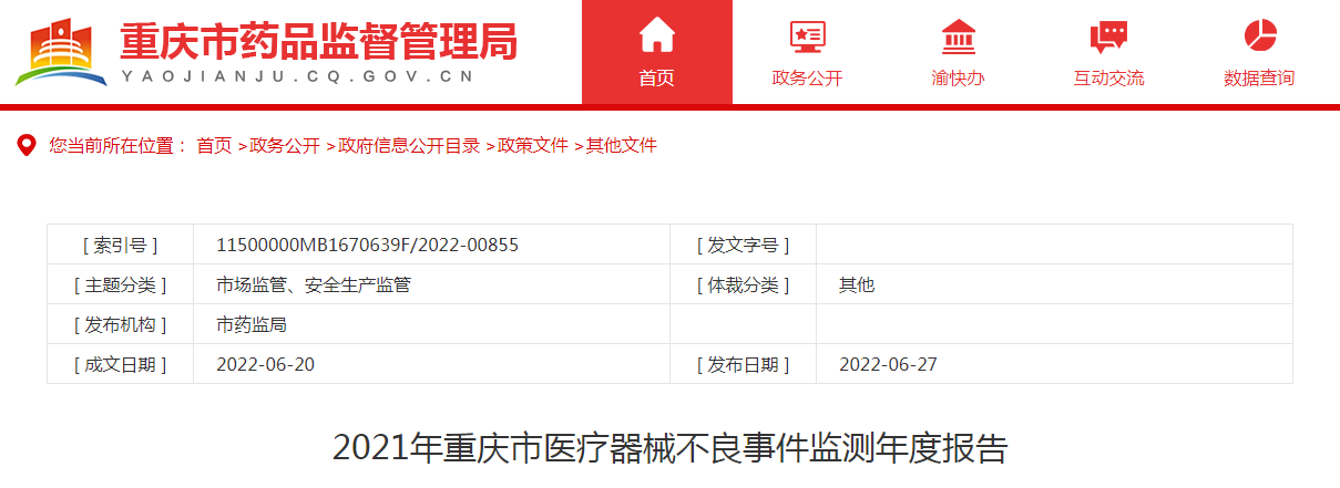 2021年重庆市医疗器械不良事件监测年度报告