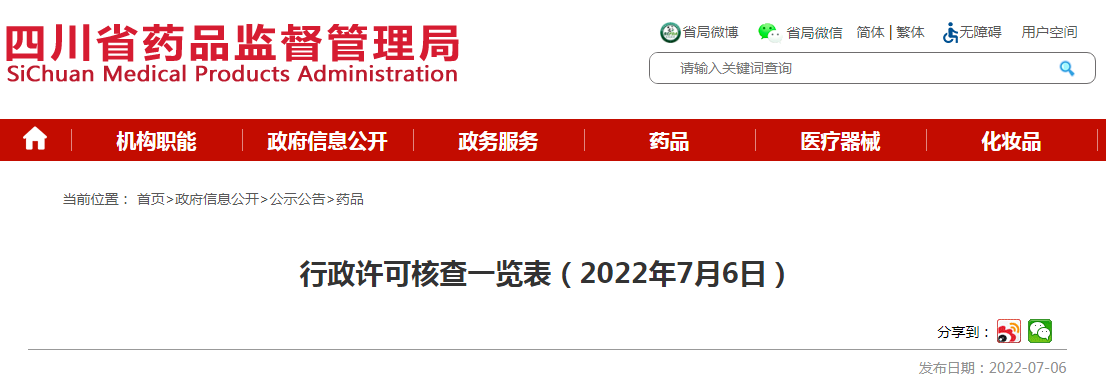 四川省药品监督管理局行政许可核查一览表（2022年7月6日）