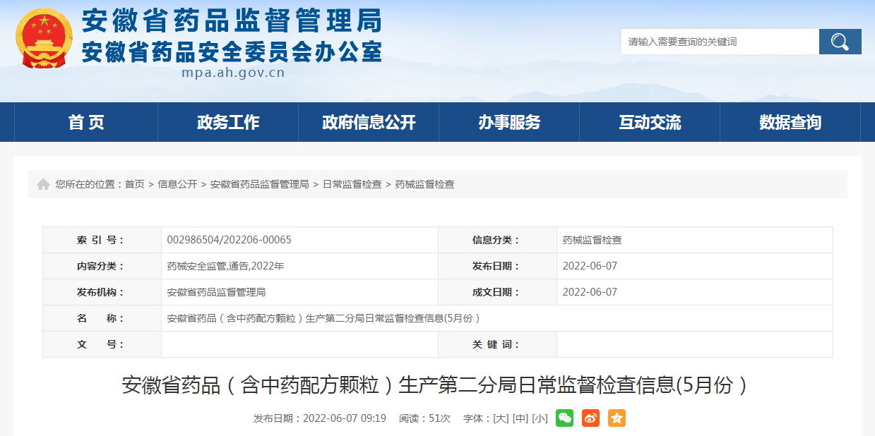 安徽省药品（含中药配方颗粒）生产第二分局日常监督检查信息（2022年5月）