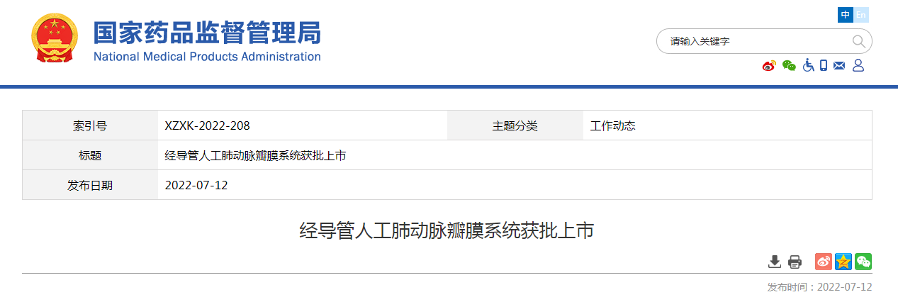 经导管人工肺动脉瓣膜系统获批上市