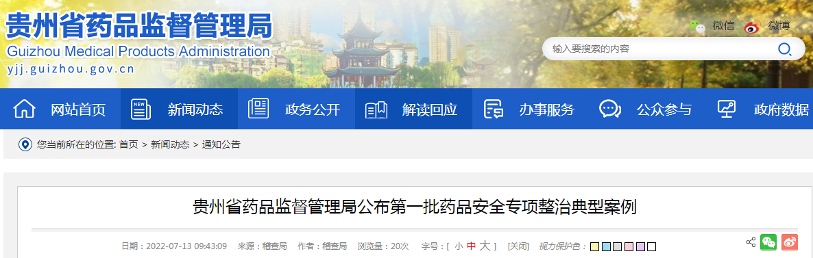 贵州省药品监督管理局公布第一批药品安全专项整治典型案例