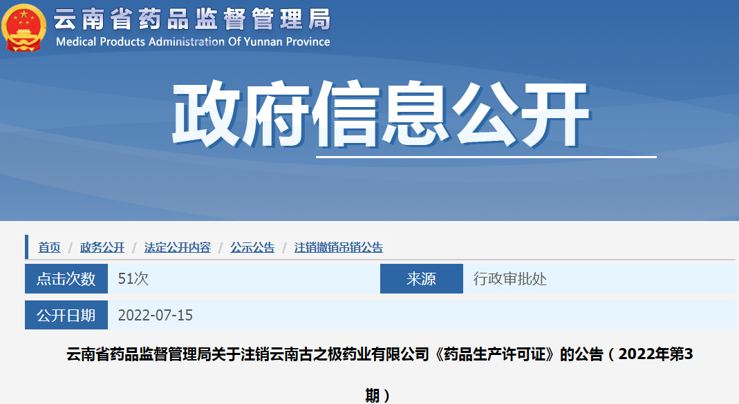 云南省药品监督管理局关于注销云南古之极药业有限公司《药品生产许可证》的公告（2022年第3期）