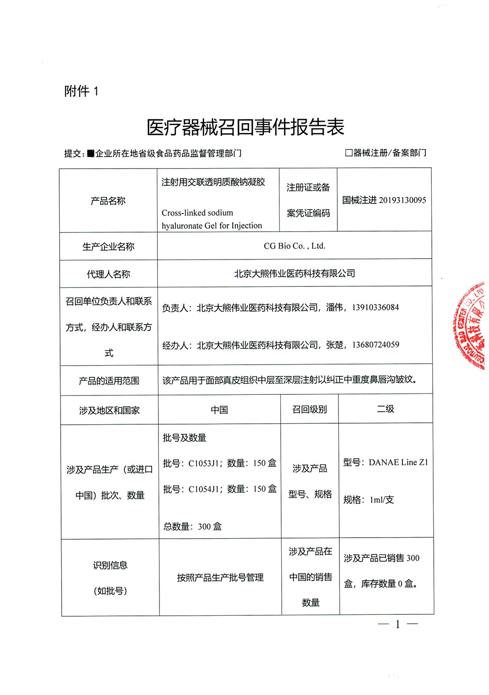 CG Bio Co., Ltd.细基生物株式会社对注射用交联透明质酸钠凝胶主动召回