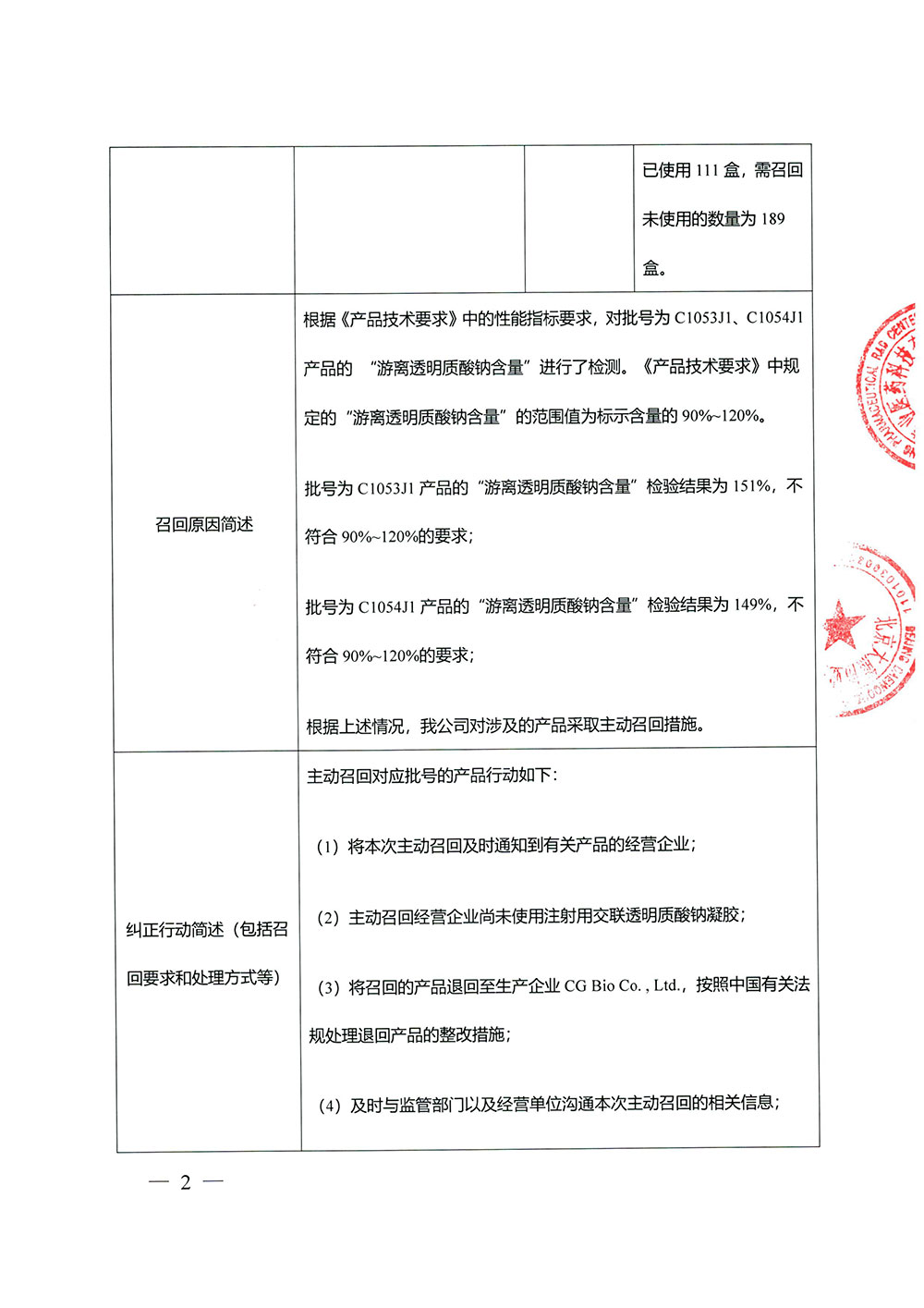 CG Bio Co., Ltd.细基生物株式会社对注射用交联透明质酸钠凝胶主动召回