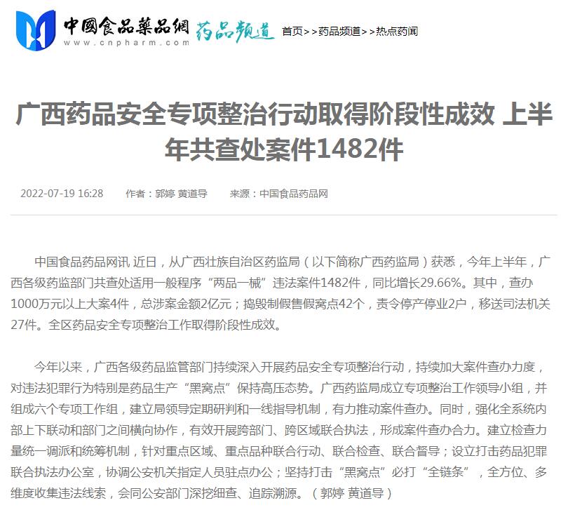 中国食品药品网：广西药品安全专项整治行动取得阶段性成效 上半年共查处案件1482件