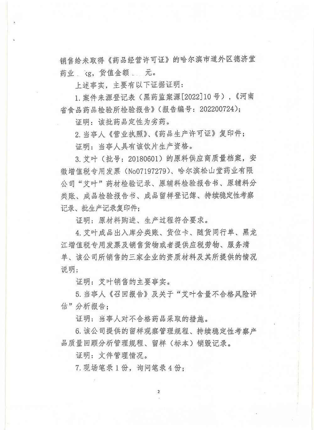 哈尔滨松山堂药业有限公司涉嫌生产、销售不合格中药饮片艾叶（批号：20180601）案