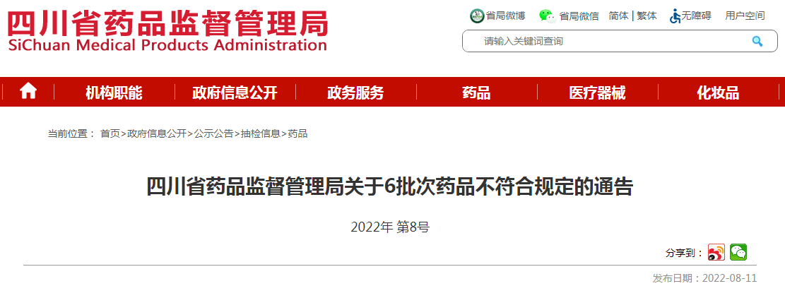 四川省药品监督管理局关于6批次药品不符合规定的通告（2022年 第8号）