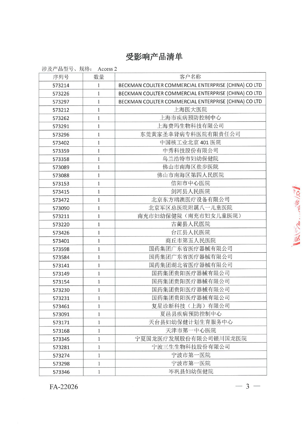 贝克曼库尔特商贸（中国）有限公司对全自动免疫分析仪主动召回（沪药监械主召2022-133）