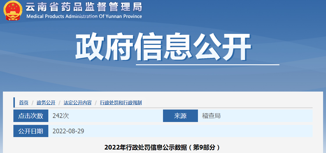 云南省药品监督管理局2022年行政处罚信息公示数据（第9部分）