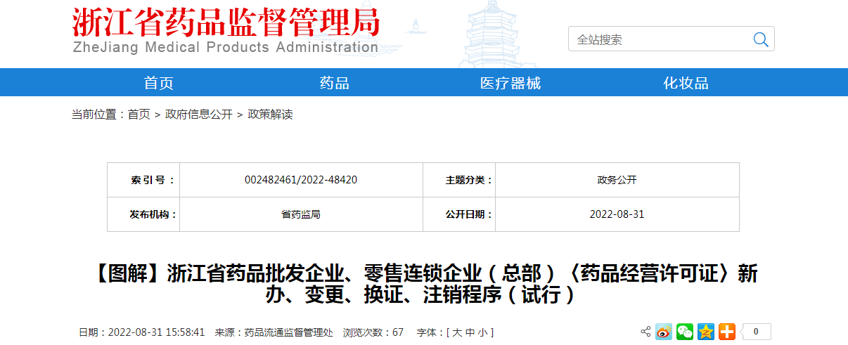 【图解】浙江省药品批发企业、零售连锁企业（总部）〈药品经营许可证〉新办、变更、换证、注销程序（试行）