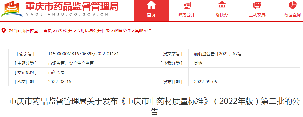 重庆市药品监督管理局关于发布《重庆市中药材质量标准》（2022年版）第二批的公告