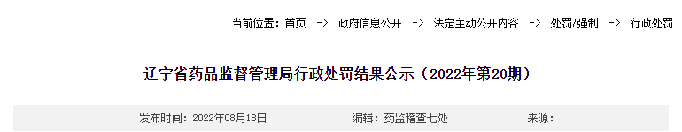 辽宁省药品监督管理局行政处罚结果公示（2022年第20期）
