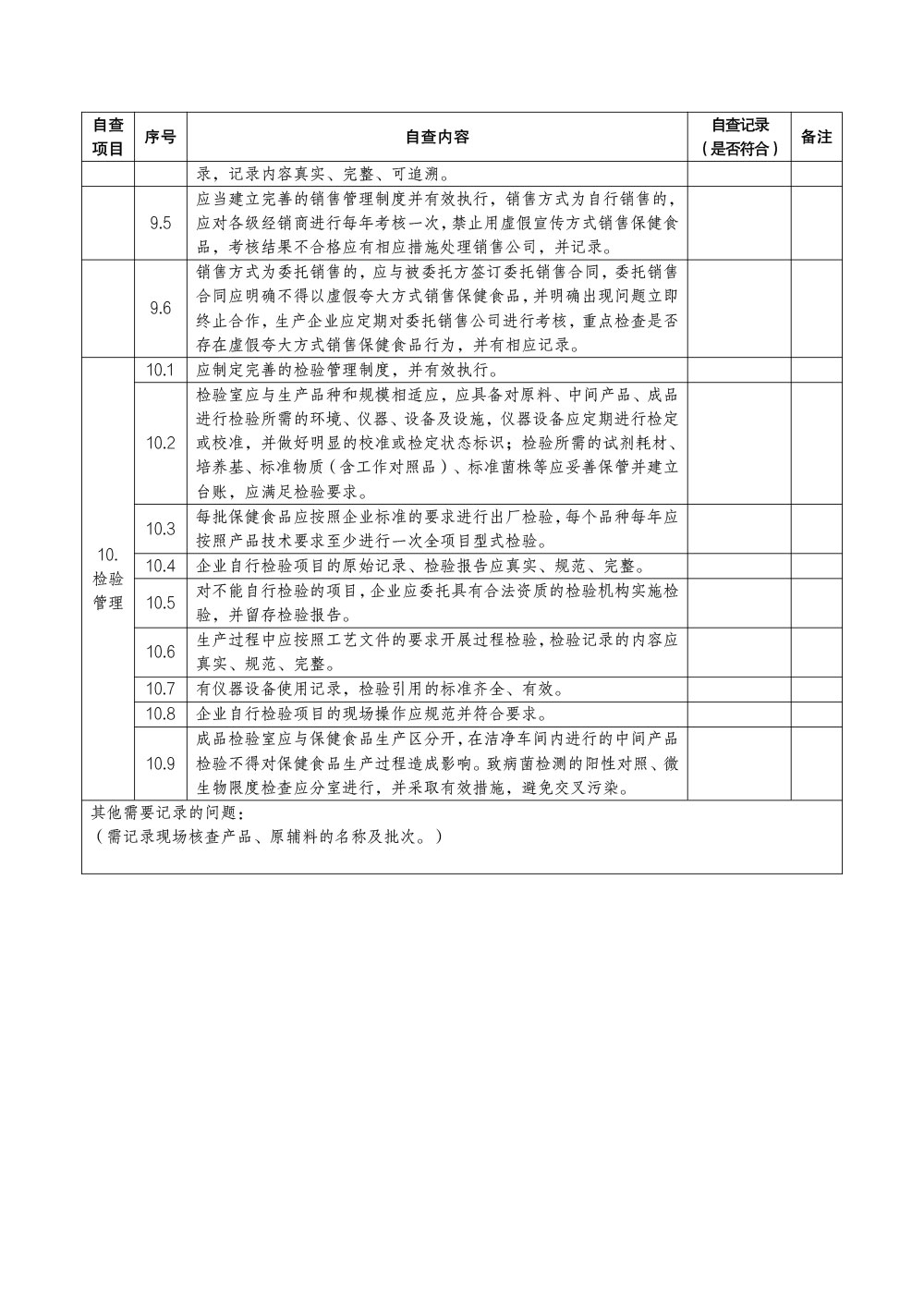保健食品生产企业食品安全自查要点