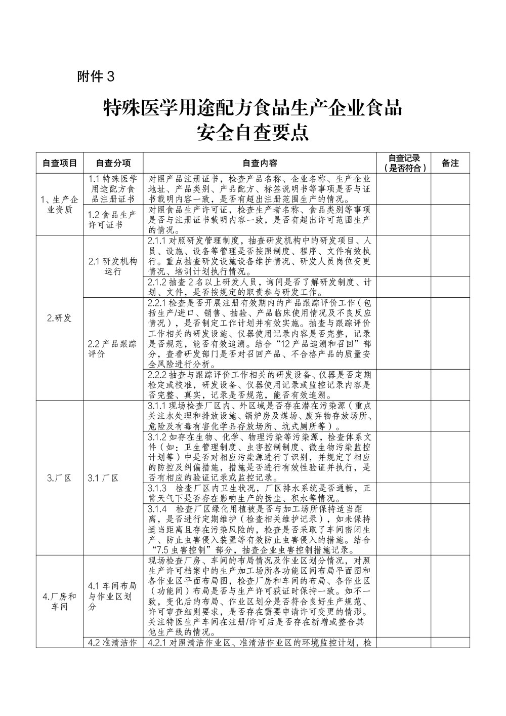 特殊医学用途配方食品生产企业食品安全自查要点